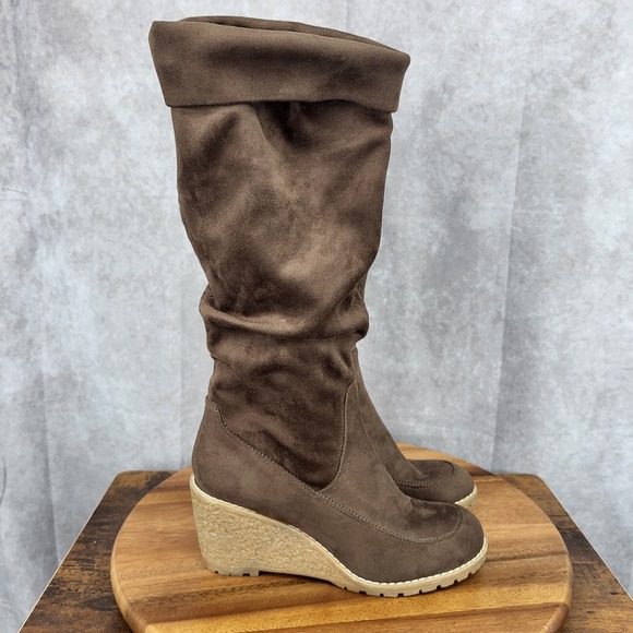 Bass Riding Boots Womens  7.5 Brown Soft Faux Suede Eden Fold Over Knee Wedge - Picture 1 of 14